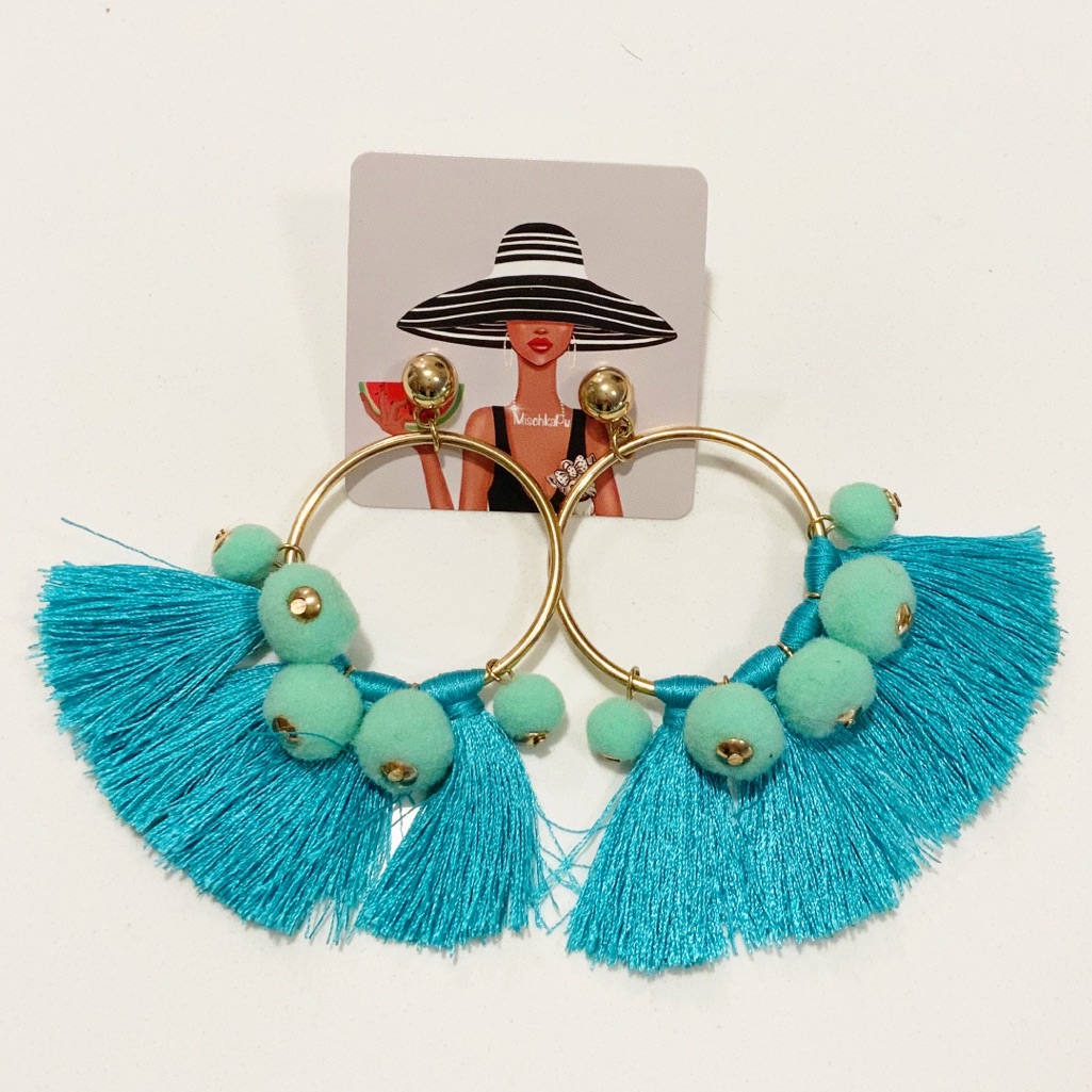 Gold Hoop Tassel/Pom Poms Earrings